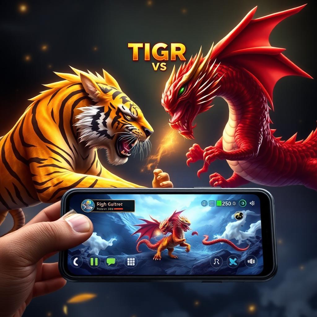Tiger vs Dragon Android game — golden tiger and red dragon clash with mobile phone showing gameplay